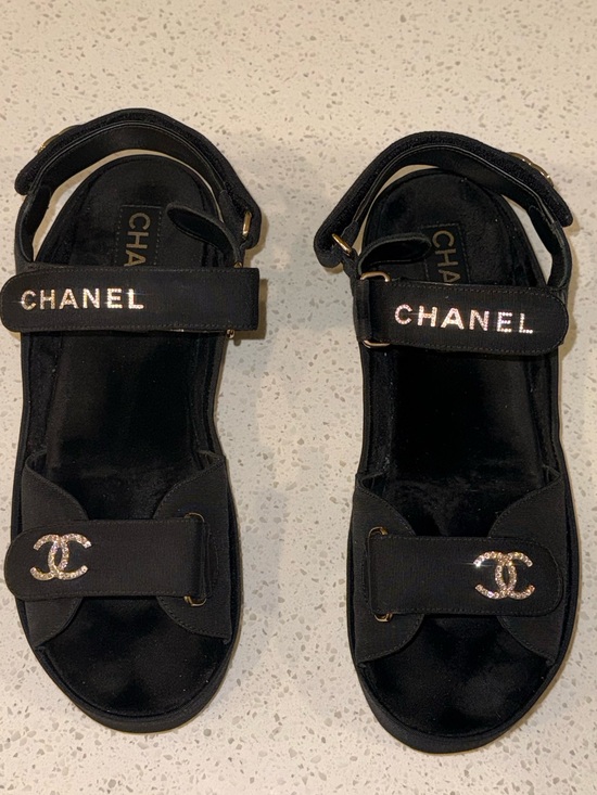 CHANEL Shoes - CHANEL Black Grosgrain Fabric Crystal Logo Platform Sandals